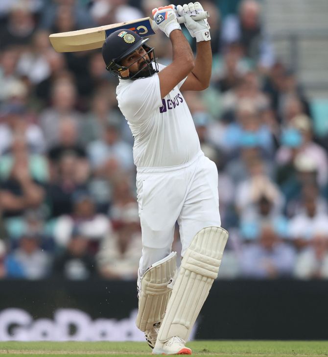Rohit Sharma hits a six to score his first overseas Test century