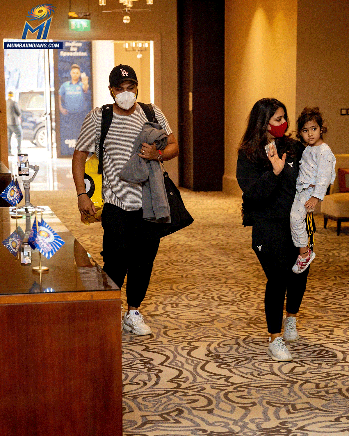 Rohit Sharma and his family arrive at the team hotel in Abu Dhabi on Saturday