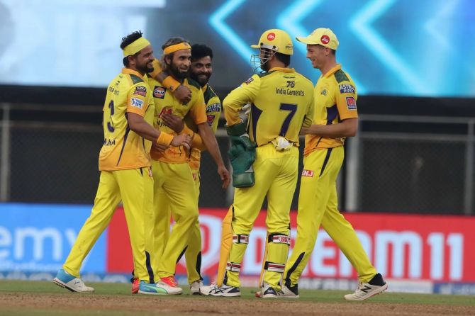 Imran Tahir celebrates with his Chennai Super Kings teammates after dismissing Royal Challengers Bangalore's Harshal Patel in the Vivo Indian Premier League 2021 match, at the Wankhede stadium Mumbai, on the April 25, 2021. 
