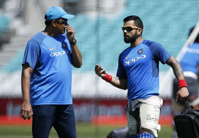  India's coach Anil Kumble and Virat Kohli during a nets session at The Oval during the tour of England in June 2017.
