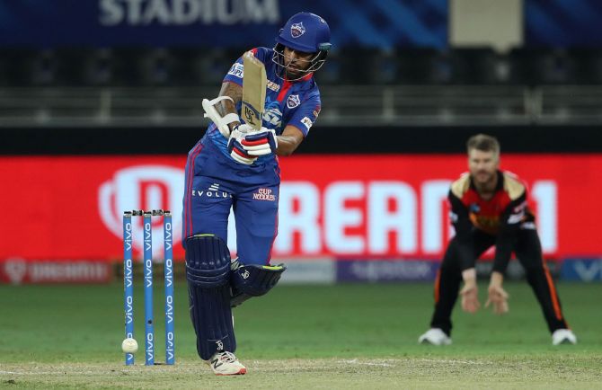 Delhi Capitals opener Shikhar Dhawan scores a boundary during the Indian Premier League match against Sunrisers Hyderabad, in Dubai, on Wednesday.
