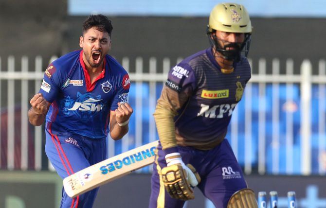 Avesh Khan reacts after bowling Dinesh Karthik.