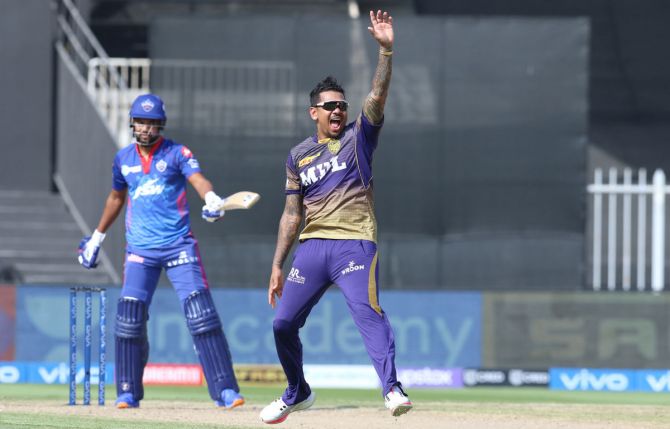 Sunil Narine successfully appeals for the wicket of Lalit Yadav.