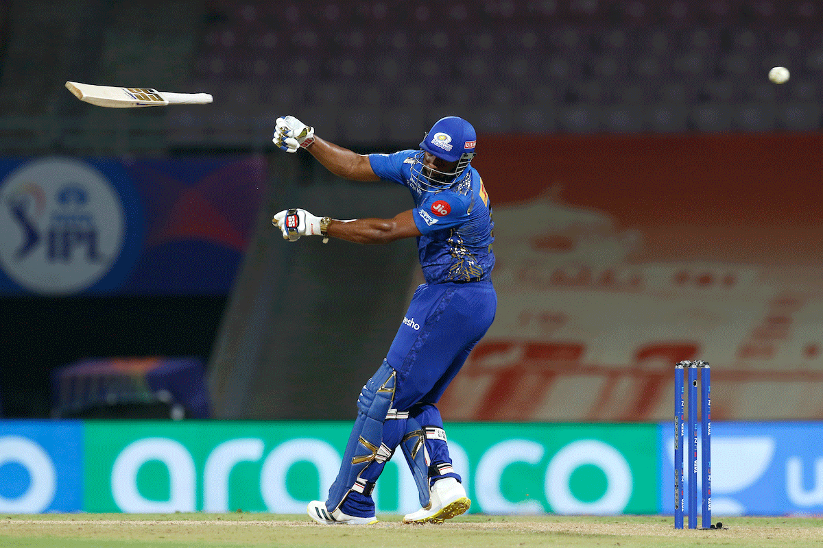 Mumbai Indians' Keiron Pollard just could not get going against Rajasthan Royals and was dismissed for 22 off the last ball of the innings