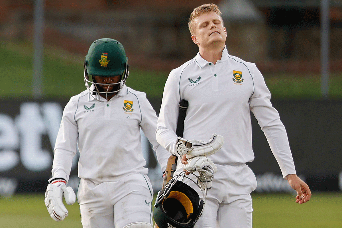 South Africa's Ryan Rickelton is out for 42 after being dismissed by Bangladesh's Taijul Islam 