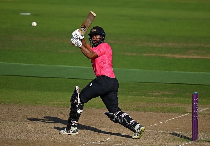 Sussex's Cheteshwar Pujara hits a boundary during the Royal London One-Day Cup match against Warwickshire, at Edgbaston, on Friday.