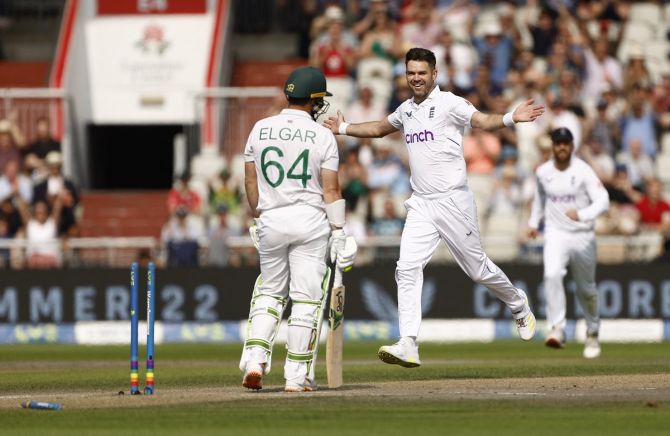 England pacer James Anderson celebrates taking the wicket of South Africa's Dean Elgar in the second innings of the third Test at Old Trafford, Manchester, on Saturday.