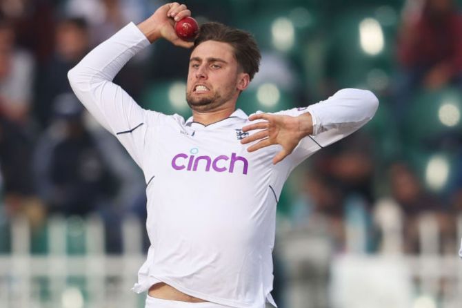 Will Jacks of England bowls during the First Test Match between Pakistan and England
