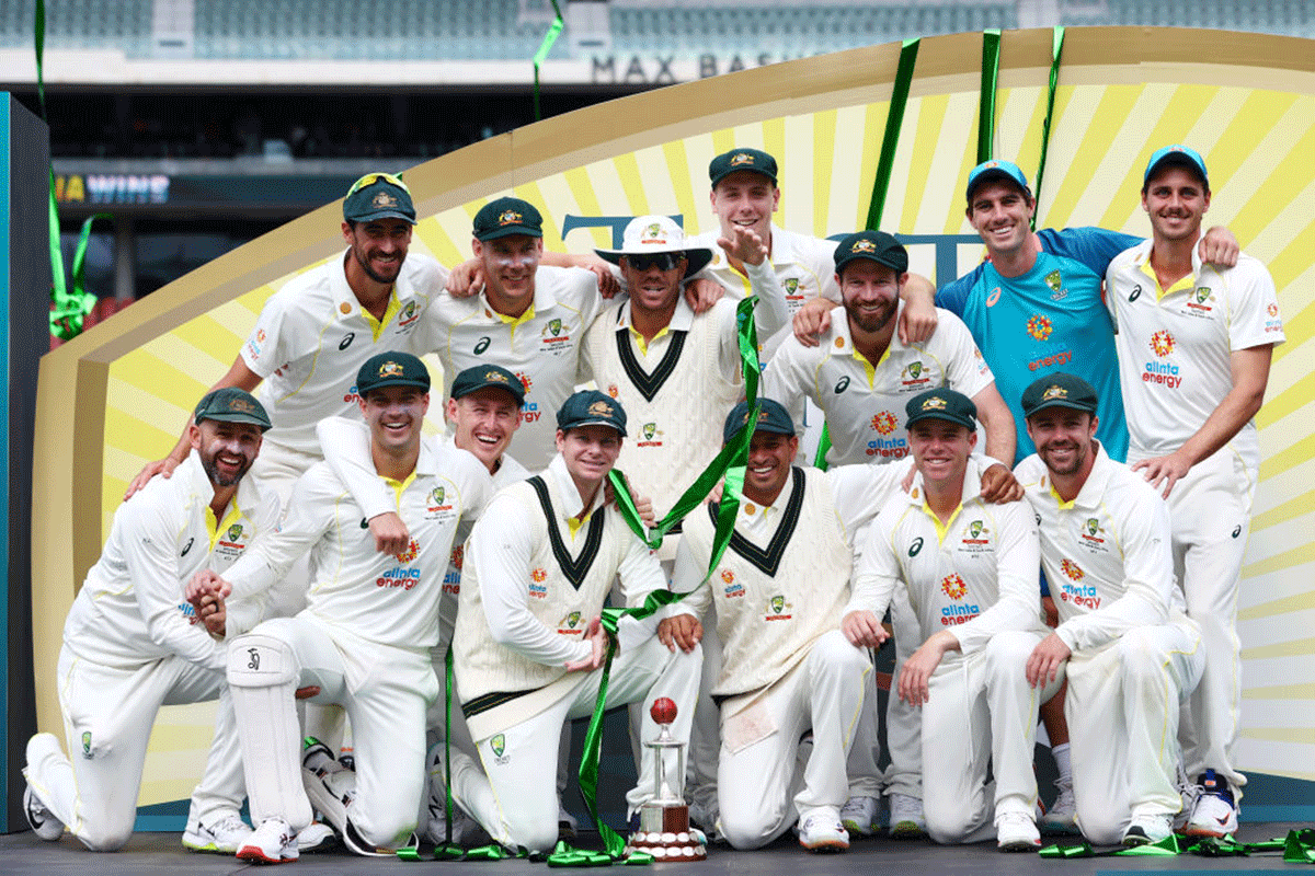 Australia pose with Frank Worrell trophy after winning the Second Test against the West Indies on Sunday