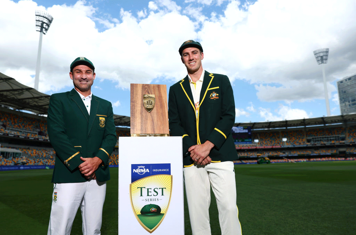 Captains Pat Cummins of Australia and Dean Elgar of South Africa pose at The Gabba in Brisbane, Australia, ahead of the opening Test on Saturday.  The Australian team lining up for the opening Test will likely feature six players from the 11 at Cape Town, including Steve Smith, David Warner and captain Pat Cummins. 