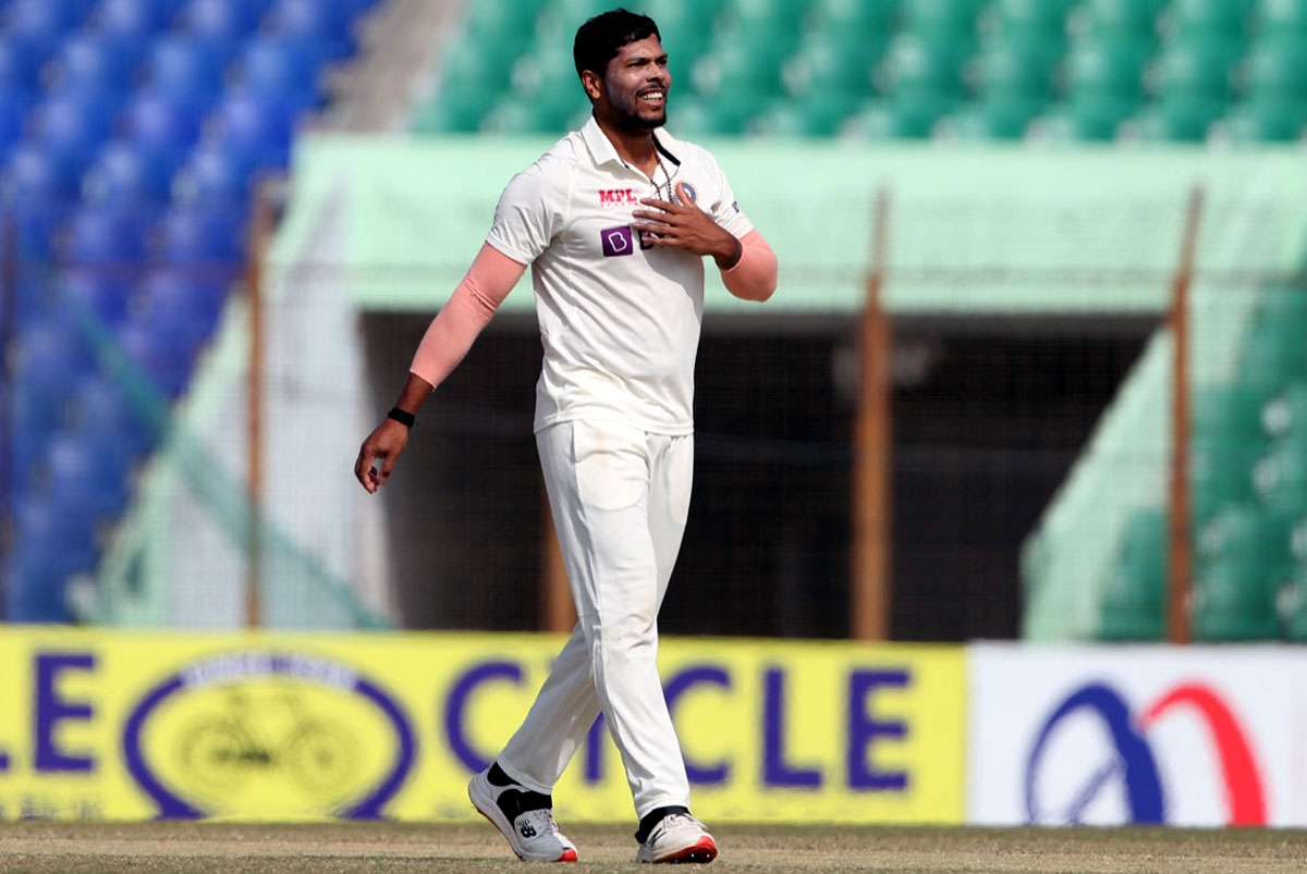 Umesh Yadav celebrates dismissing Bangladesh opener Najmul Shanto on Day 4 of the first Test against India, in Chottogram, on Saturday. 