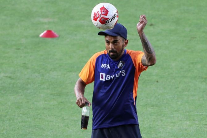 KL Rahul of India plays football during an India Net Session