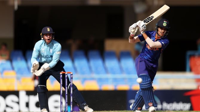 India's Raj Bawa bats during his 54-ball 35 in the ICC Under-19 men's World Cup final against England, at Sir Vivian Richards Stadium in Antigua, on Saturday. 