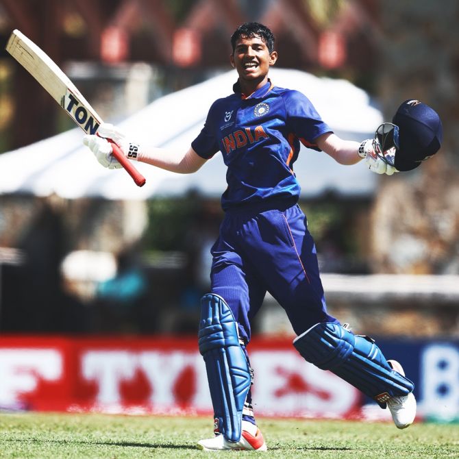 India's Yash Dhull celebrates his century during the ICC Under-19 World Cup semi-final between India and Australia, at Coolidge Cricket Ground in Antigua