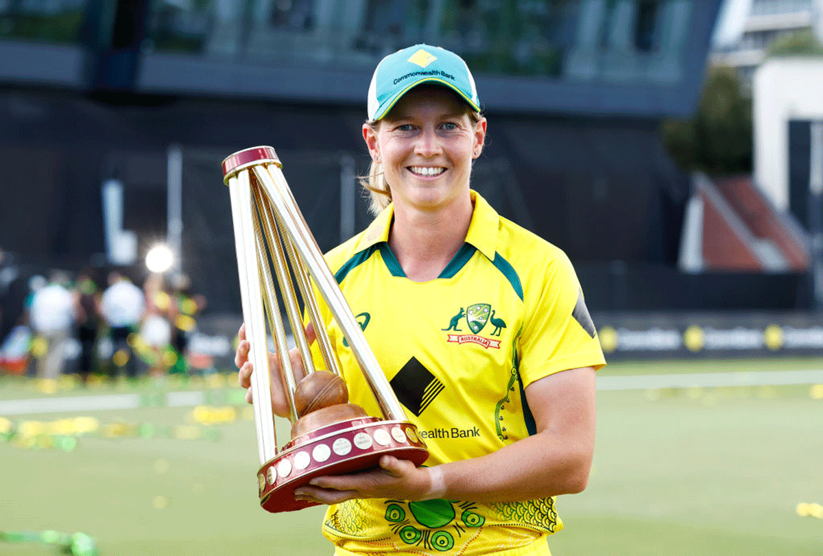 Australian captain Meg Lanning poses with the Ashes series trophy after winning game three of the Women's Ashes One Day International series against England at Junction Oval in Melbourne on Tuesday