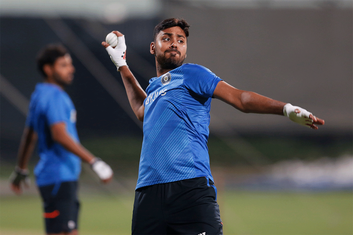 Young seamer Avesh Khan at a practice session in Kolkata on Monday