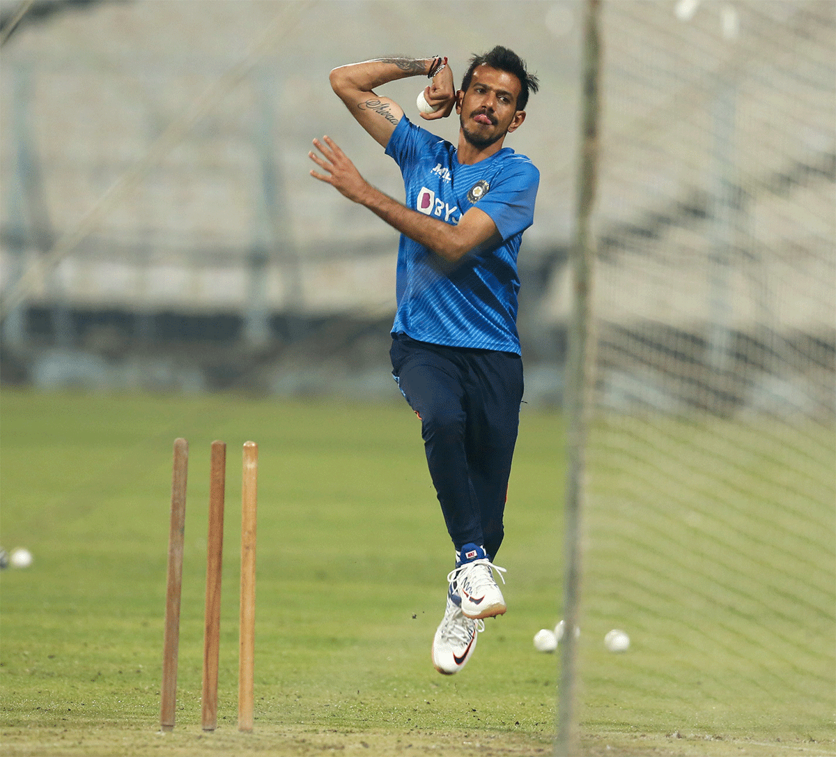 Yuzvendra Chahal bowls in the nets