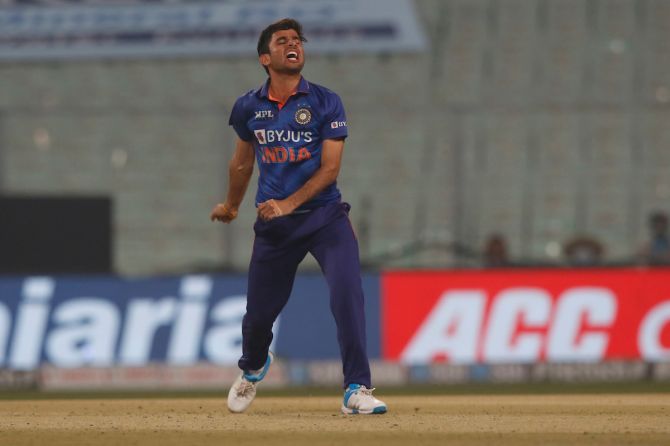 India's debutant spinner Ravi Bishnoi celebrates dismissing Roston Chase and bagging his maiden international wicket.