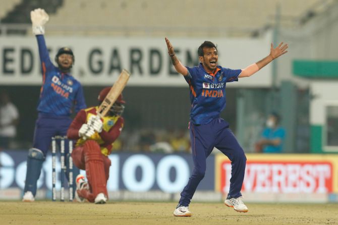 Yuzvendra Chahal appeals for leg before wicket against West Indies opener Kyle Mayers.