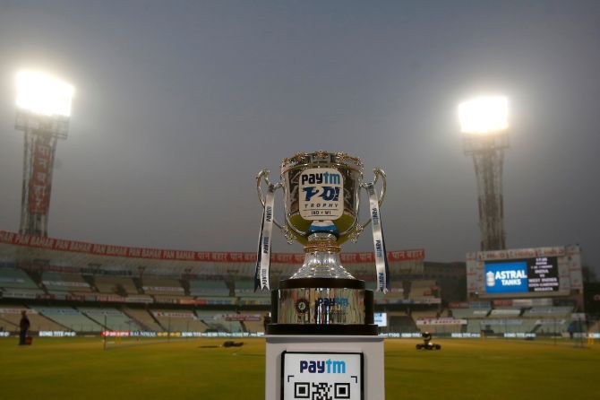 The series trophy is displayed prior to the first T20I between India and the West Indies at the Eden Gardens in Kolkata on Wednesday.