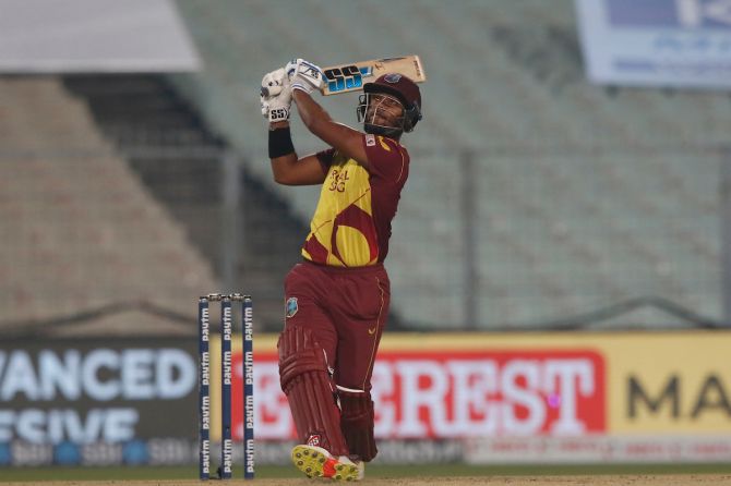 Nicholas Pooran hit 4 fours and 5 sixes in a 43-ball 61 to rally the West Indies to a fighting total.