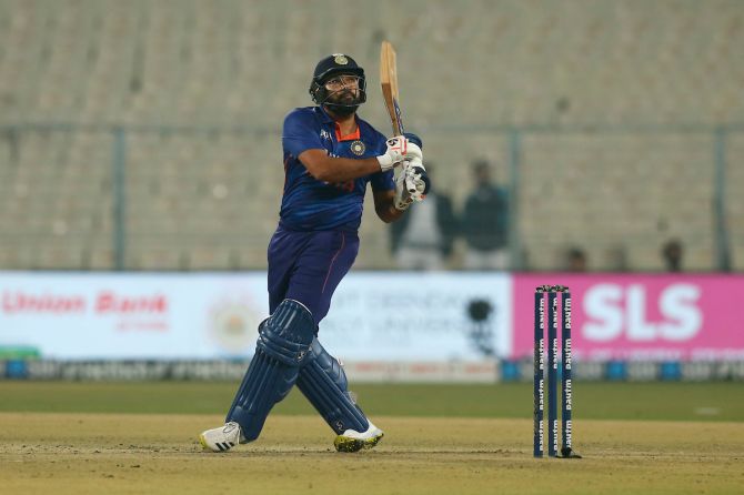 Captain Rohit Sharma hit 3 sixes and 4 fours in a 19-ball 40 to give India a solid start in their reply against the West Indies in the first T20 International, at the Eden Gardens in Kolkata, on Wednesday.
