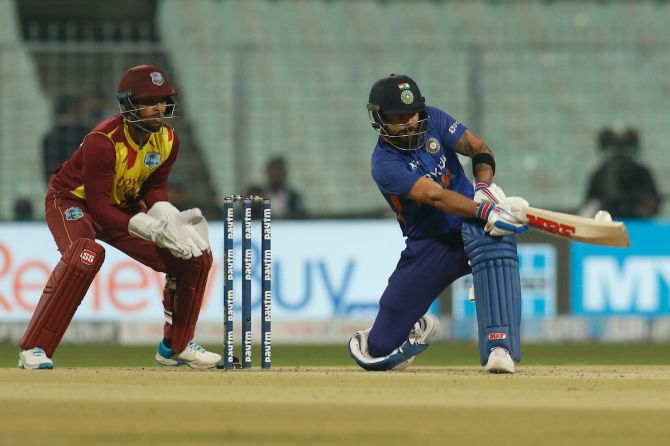 Virat Kohli bats during the second T20 International against the West Indies, at the Eden Gardens in Kolkata, on Friday.