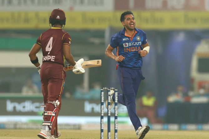 India pacer Deepak Chahar celebrates the wicket of West Indies opener Shai Hope during the third T20I against the West Indies, at the Eden Gardens in Kolkata, on Sunday.