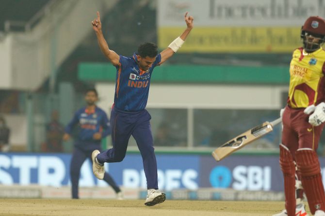 India pacer Deepak Chahar celebrates the wicket of West Indies opener Kyle Mayers.