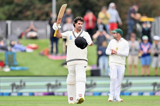 New Zealand's Colin de Grandhomme celebrates his century during Day 3 of the second Test against South Africa, at Hagley Oval in Christchurch, New Zealand, on Sunday.