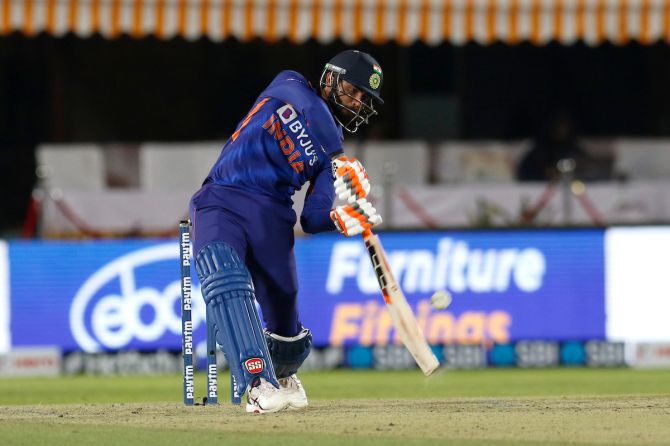 Batting at No. 5 Ravindra Jadeja scored 45 off	18 balls, including 7 fours and a six, during the second T20 International against Sri Lanka, in Dharamsala, on Saturday.