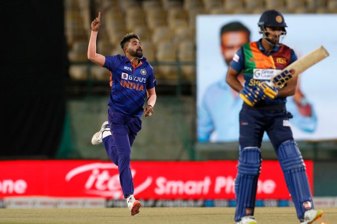 India pacer Mohd. Siraj celebrates bowling Sri Lanka opener Danushka Gunathilaka.