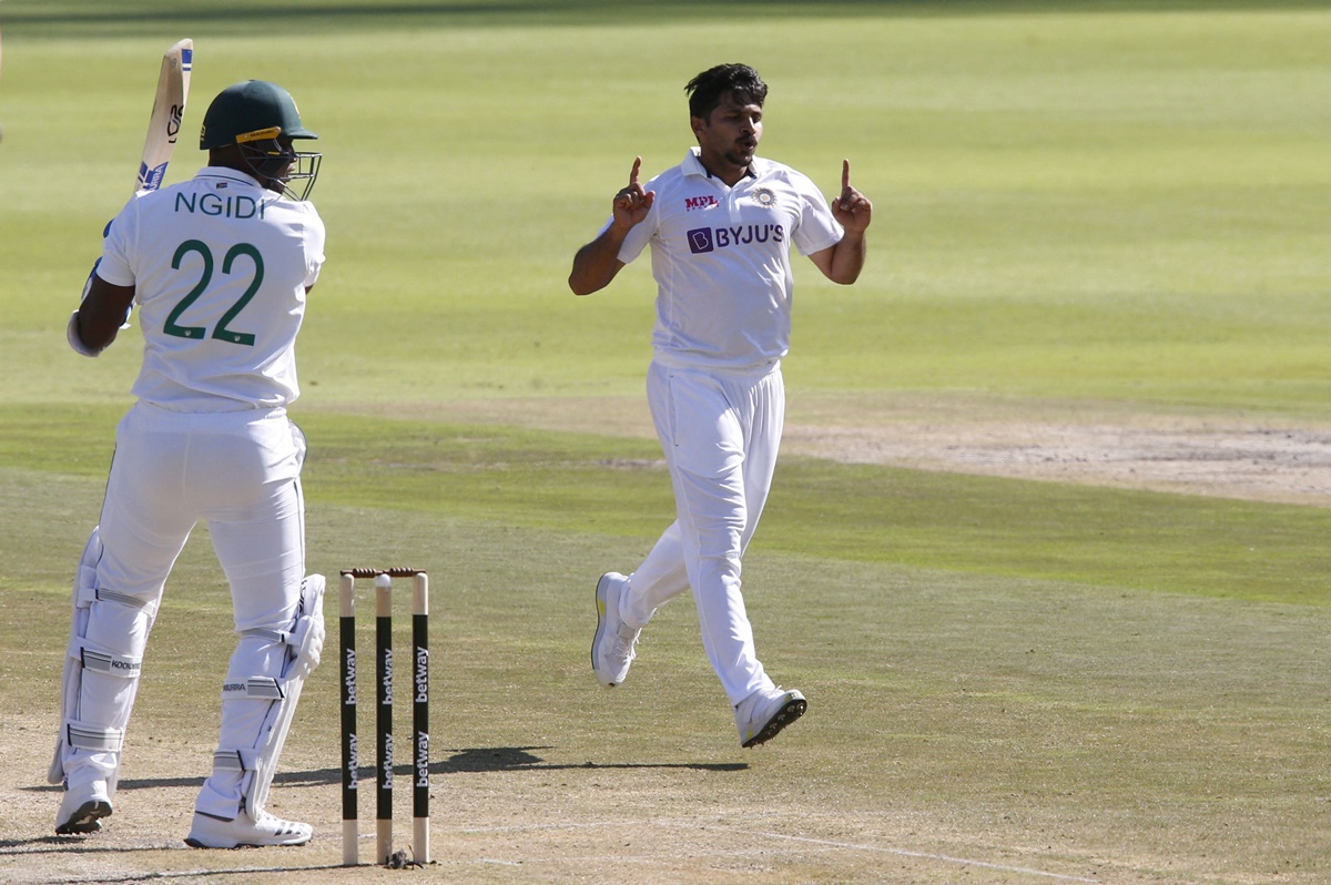 India pacer Shardul Thakur celebrates dismissing South Africa's Lungi Ngidi and picking his seventh wicket during Day 2 of the second Test, in Johannesburg, on Tuesday.  