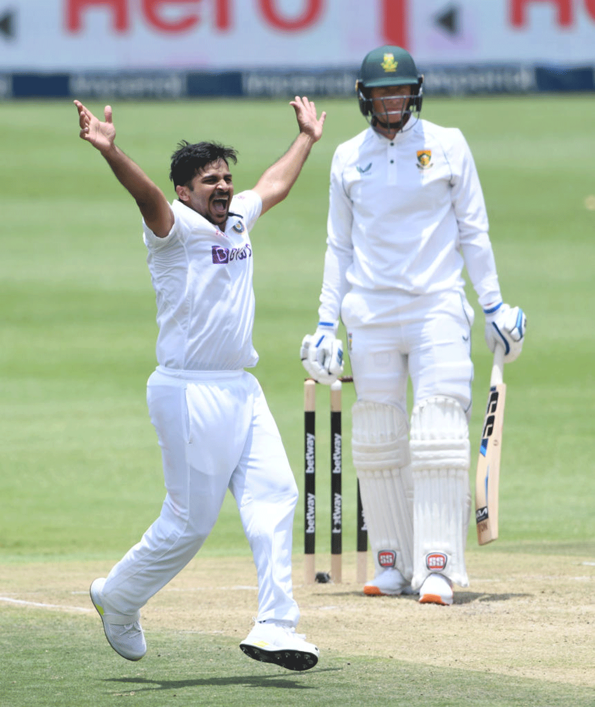 India pacer Shardul Thakur celebrates the wicket of South Africa's Rassie van der Dussen during Day 2 of the second Test, in Johannesburg, on Tuesday.