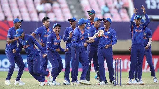 India's players celebrate the wicket of South Africa's Dewald Brevis during the ICC Under-19 men's World Cup match at Providence Stadium in Georgetown, Guyana, on Saturday.
