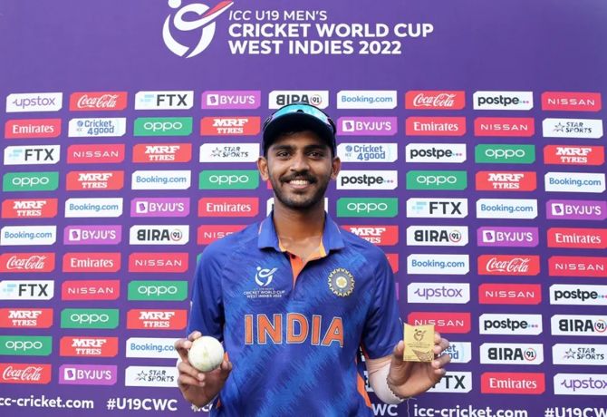 Left-arm spinner Vicky Ostwal is all smiles after being named Player of the Match following India's 45-run victory over South Africa in the Under-19 World Cup match at Providence Stadium in Georgetown, Guyana, on Saturday.