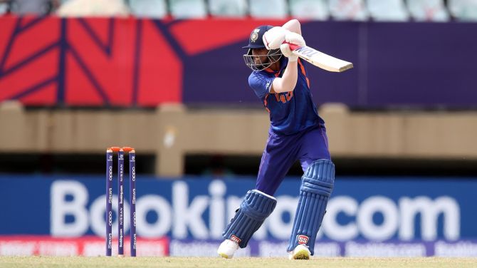 India's Shaik Rasheed plays a shot during the Under-19 men's World Cup match against South Africa, at Providence Stadium in Georgetown, Guyana, on January 15, 2022.