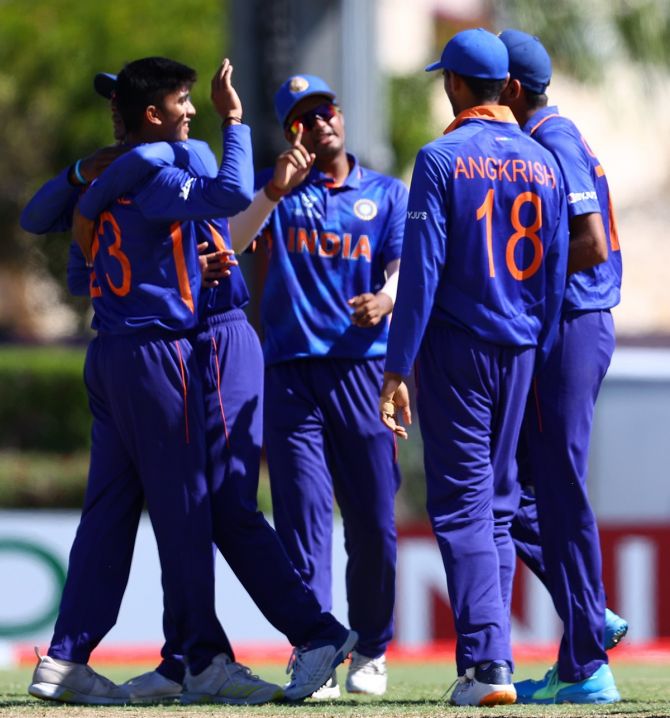 India's players celebrate a dismissal during the ICC Under-19 World Cup quarter-final against Bangladesh, at Coolidge Cricket Ground, in Antigua, on Saturday.