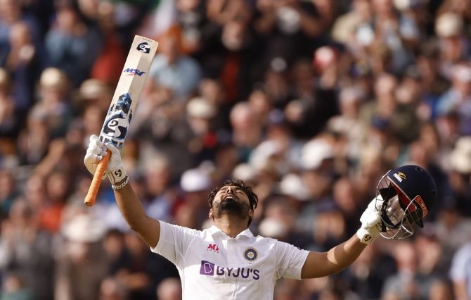 India's Rishabh Pant celebrates scoring a hundred on Day 1 of the fifth Test against England at Edgbaston, Birmingham, on Friday.