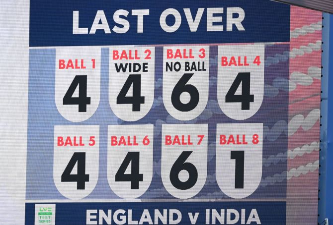 The scoreboard tells the story of Jasprit Bumrah's record score from the over bowled by Stuart Broad.