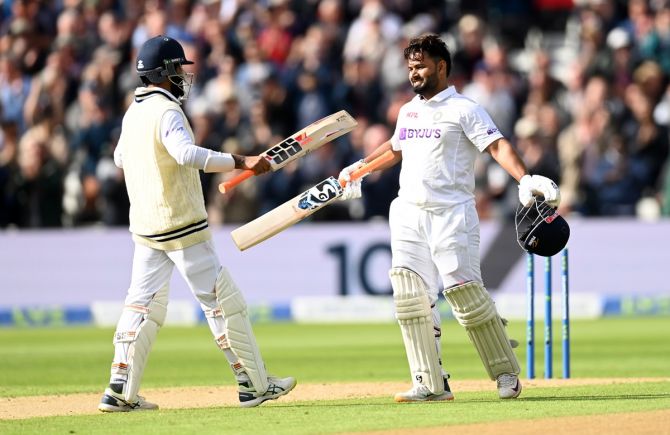 India's Rishabh Pant is congratulated by Ravindra Jadeja after his century during Day 1 of the fifth Test against England, at Edgbaston in Birmingham, on Friday.