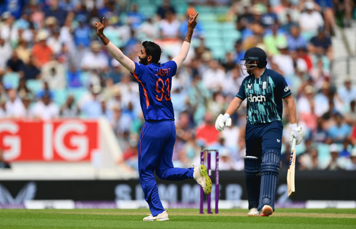 India's Jasprit Bumrah celebrates taking the wicket of England's Jonny Bairstow