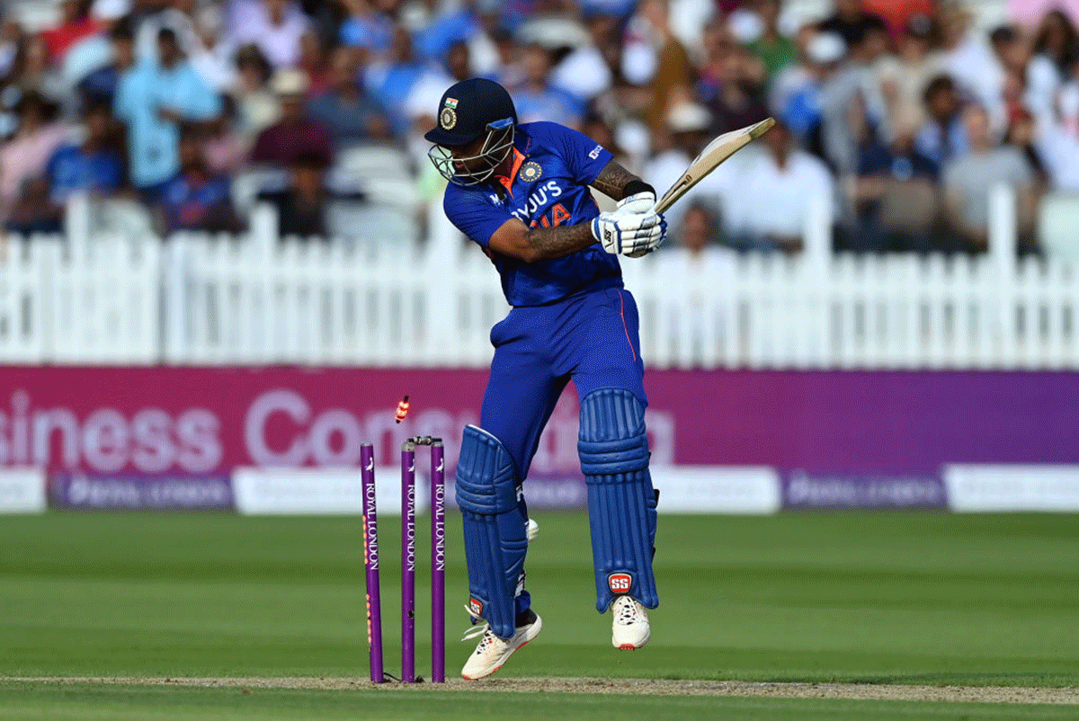 Suryakumar Yadav is bowled by Reece Topley