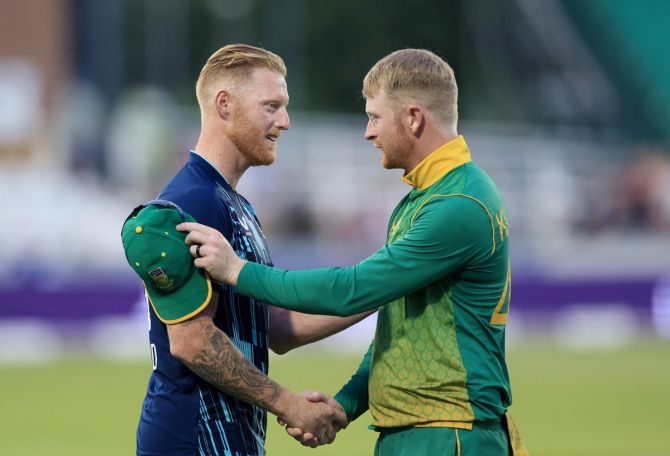 England's Ben Stokes is greeted by South Africa's Heinrich Klaasen after his final ODI.
