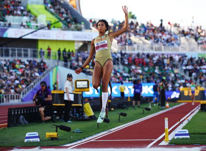 Germany's Malaika Mihambo in action during the women's long jump final.