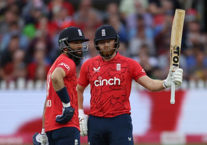England's Jonny Bairstow celebrates his half century with Moeen Ali during the first T20 International against South Africa, at Seat Unique Stadium, in Bristol, on Wednesday.
