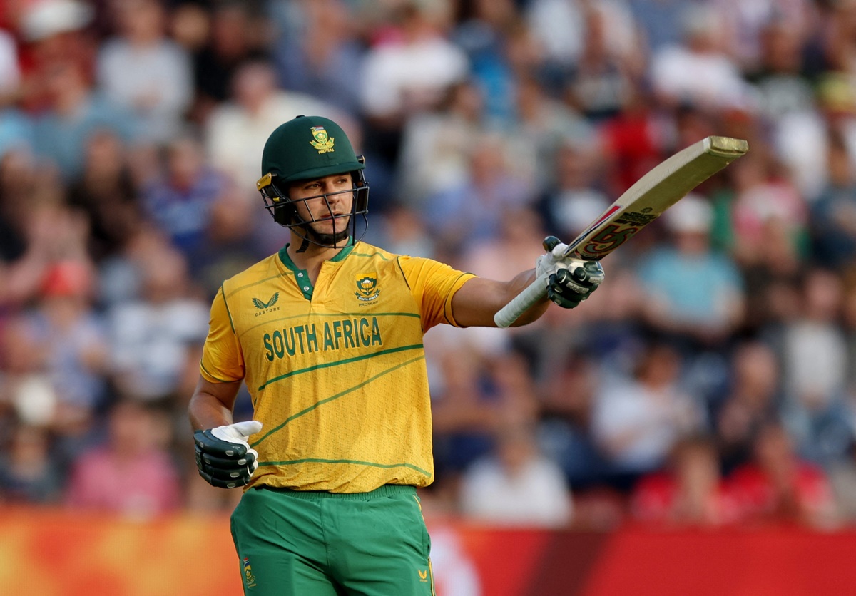 South Africa's Rilee Rossouw celebrates completing a half-century during the second T20I against England in Cardiff on Thursday.