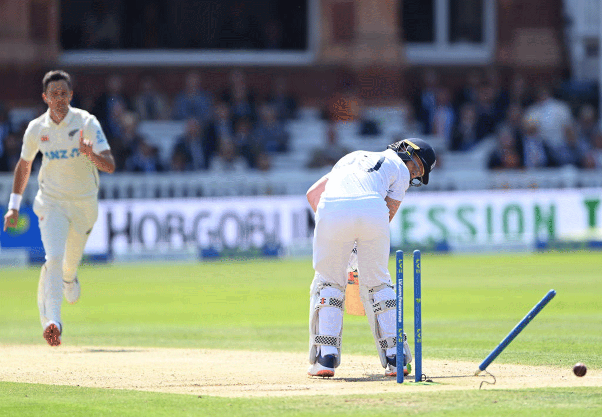 England's Ollie Pope is bowled by New Zealand's Trent Boult
