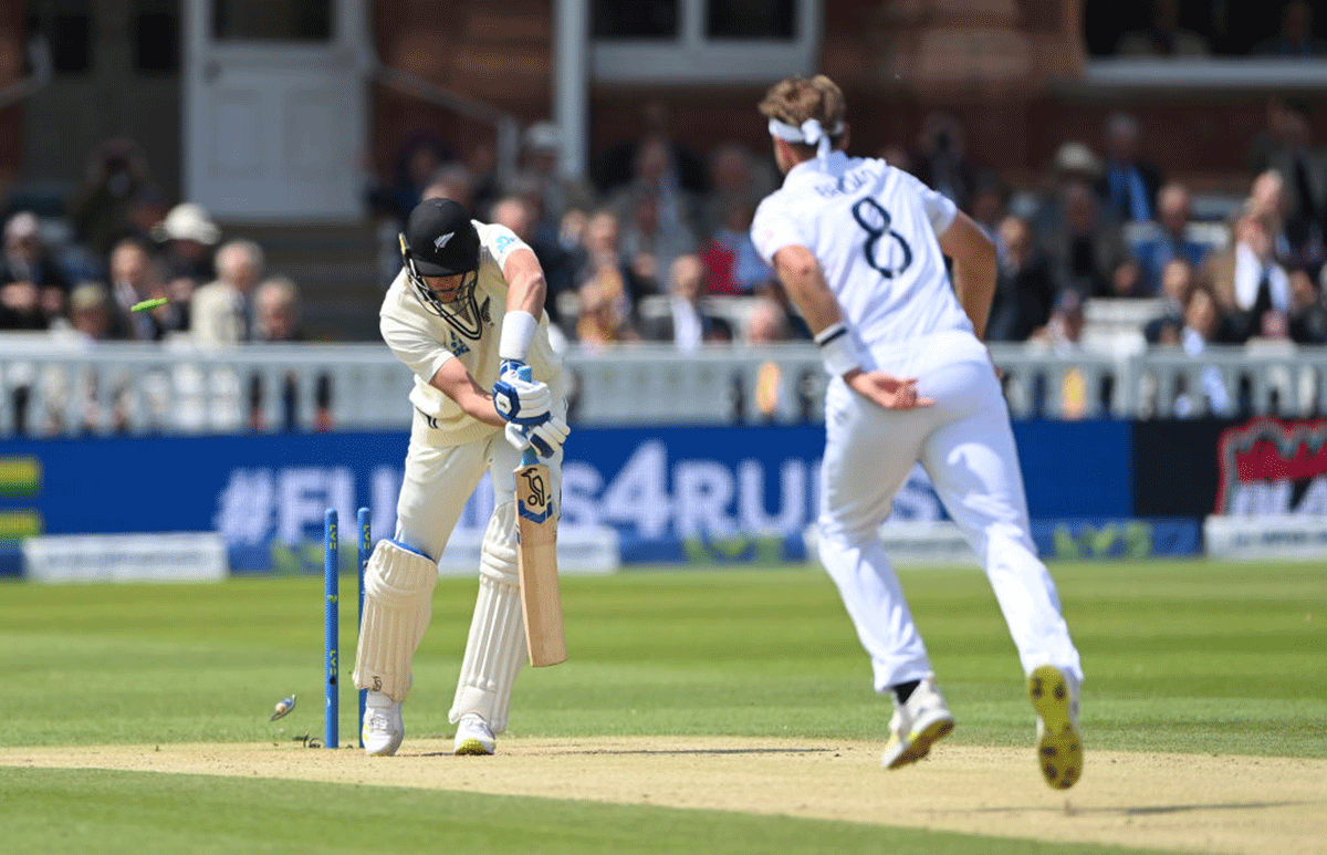 New Zealand's Kyle Jamieson is bowled first ball by England's Stuart Broad 