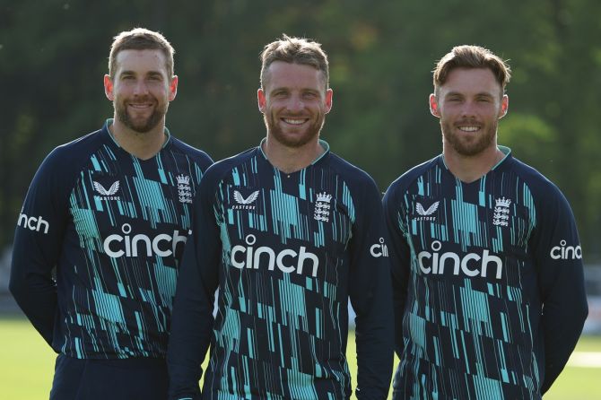 England's centurions Dawid Malan, Jos Buttler and Phil Salt pose for a picture after the first One-Day International against the Netherlands at VRA Cricket Ground in Amstelveen, on Friday.